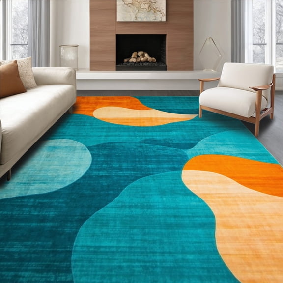 ODIKA 4'x6' Machine Washable Non-Slip Area Rug, Contemporary Orange & Teal Artistic High Traffic Rug, Blue, 104668