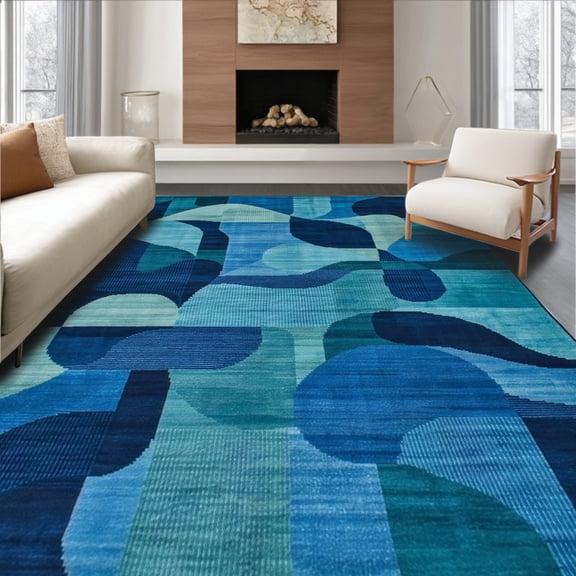 ODIKA 4' x 6' Machine Washable Non-Slip Area Rug, Contemporary Blob High Traffic Rug, Blue, 252252