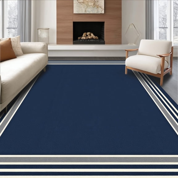 ODIKA 4' x 6' Machine Washable Non-Slip Area Rug, Contemporary Border High Traffic Rug, Navy Blue, 443250