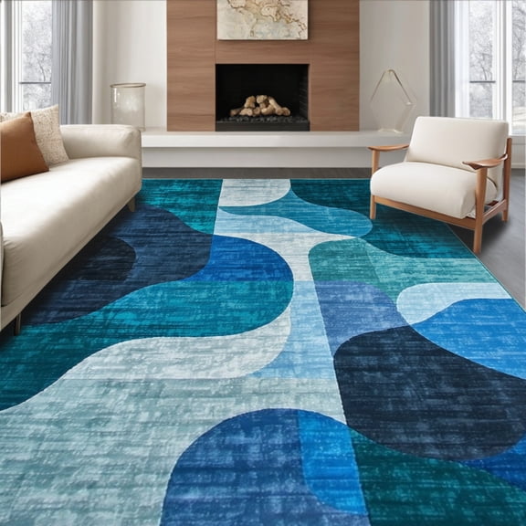 ODIKA 4'x6' Machine Washable Non-Slip Area Rug, Abstract Brushstroke Lattice with Layered Contour Lines High Traffic Rug, Blue, 252205