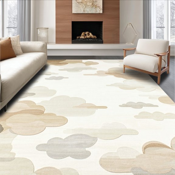 ODIKA 4'x6' Machine Washable Non-Slip Area Rug, Whispering Clouds Shag with Gentle Cloud like Forms High Traffic Rug, Beige, 151672