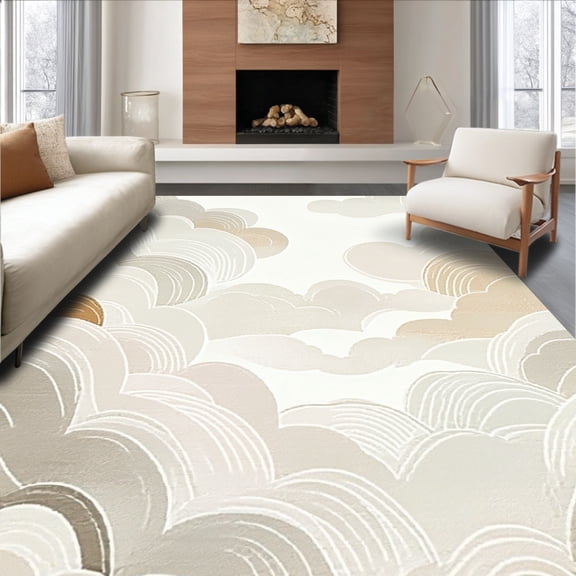 ODIKA 4'x6' Machine Washable Non-Slip Area Rug, Modern Cloud Swirl with Subtle Gradient Waves and Rounded Lines High Traffic Rug, Beige, 152401
