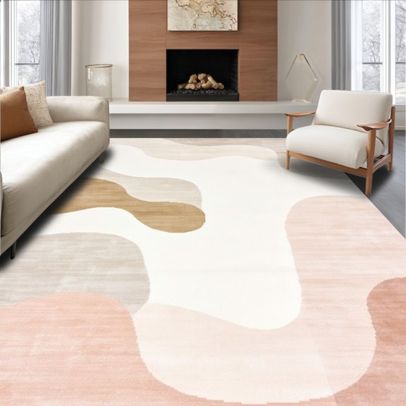 ODIKA 4'x6' Machine Washable Non-Slip Area Rug, Abstract Contour Lines with Overlapping Shapes and Subtle Gradients High Traffic Rug, Beige, 152404