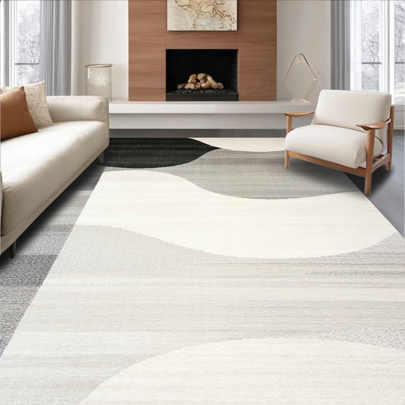 ODIKA 4'x6' Machine Washable Non-Slip Area Rug, Worn Paste Ellipse Wonder With Hairy Tweed Dormant Scenery High Traffic Rug, Gray, 191011