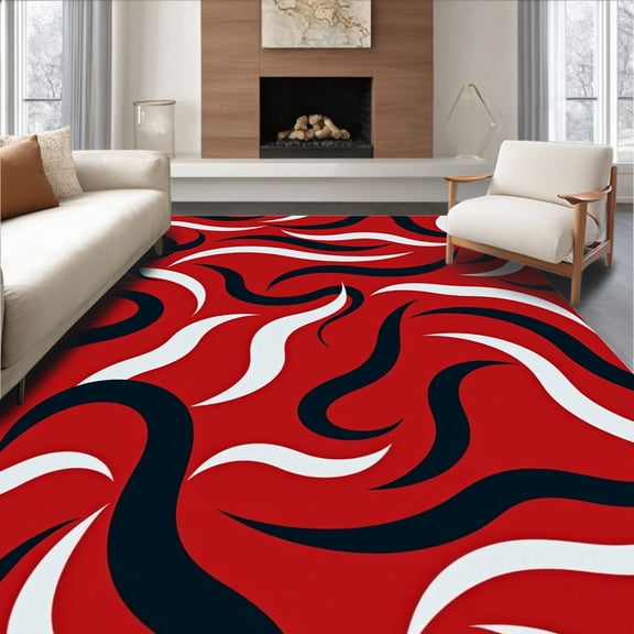 ODIKA 4'x6' Machine Washable Non-Slip Area Rug, Abstract Wave with Flowing Motifs and Contrasting Tones High Traffic Rug, Red, 452704