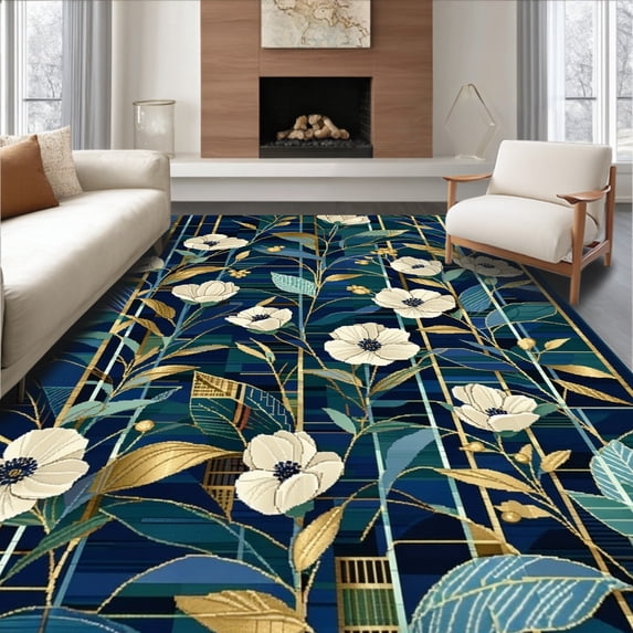 ODIKA 4' x 6' Machine Washable Non-Slip Area Rug, Contemporary Flower High Traffic Rug, Blue, 205836
