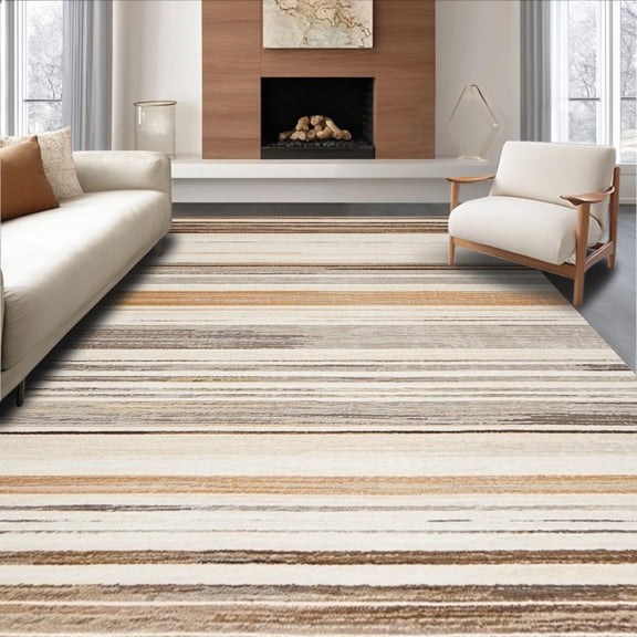 ODIKA 4'x6' Machine Washable Non-Slip Area Rug, Subtle Striped Earth Tone Accent High Traffic Rug, Beige, 144236