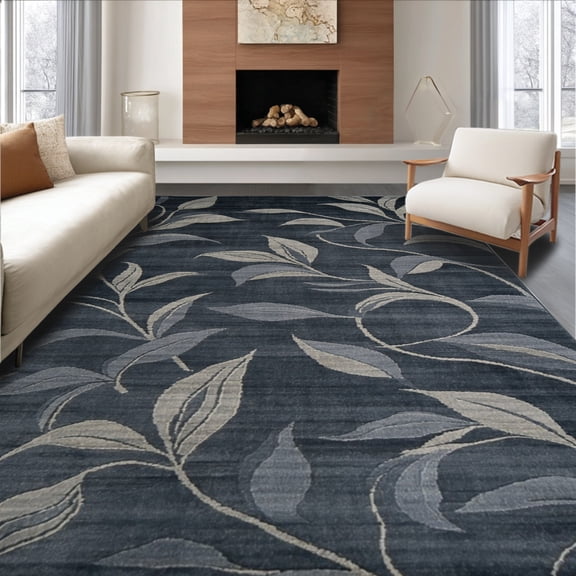 ODIKA 4'x6' Machine Washable Non-Slip Area Rug, Abstract Foliage Vine with Flowing Leaf and Subtle Waves High Traffic Rug, Gray, 138593