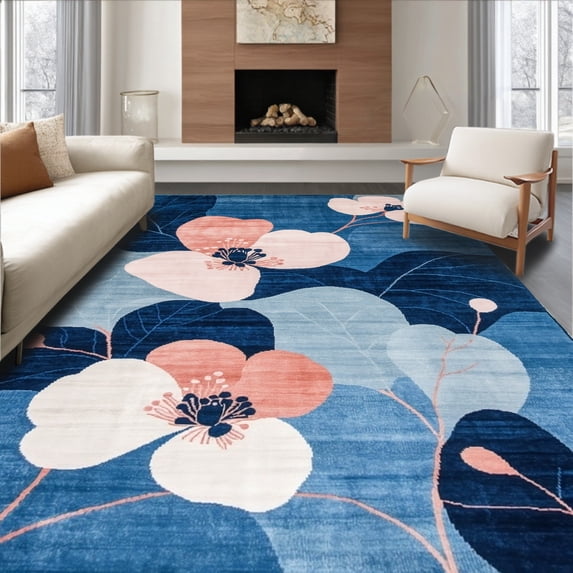 ODIKA 4' x 6' Machine Washable Non-Slip Area Rug, Contemporary Leaf High Traffic Rug, Navy, 214732
