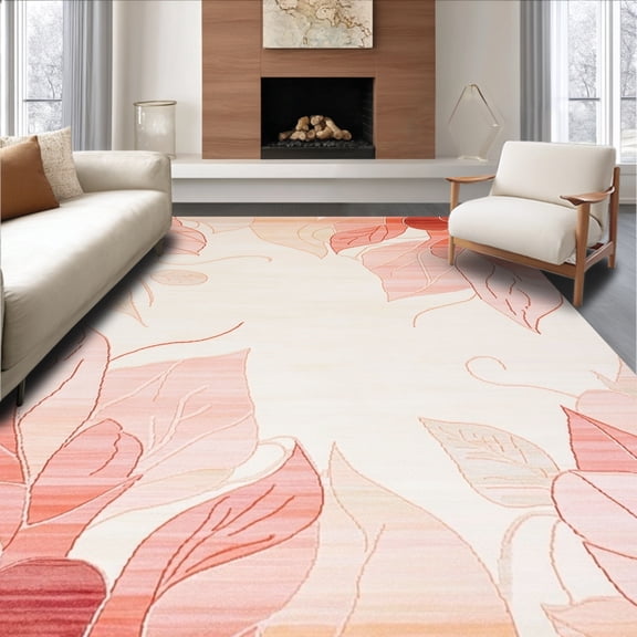 ODIKA 4'x6' Machine Washable Non-Slip Area Rug, Abstract Floral Motif with Layered Petal Shapes and Subtle Ombre Effect High Traffic Rug, Peach, 138673