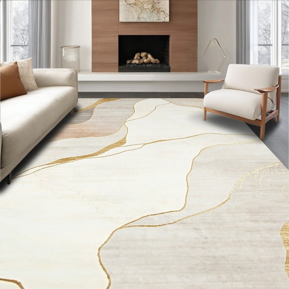 ODIKA 4'x6' Machine Washable Non-Slip Area Rug, Chic Marble Design with Beige and Gradient High Traffic Rug, Beige, 50318