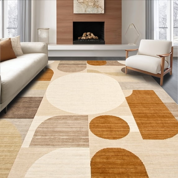 ODIKA 4'x6' Machine Washable Non-Slip Area Rug, Rounded Nucleus Design Partition Instructor Territory High Traffic Rug, Beige, 191027