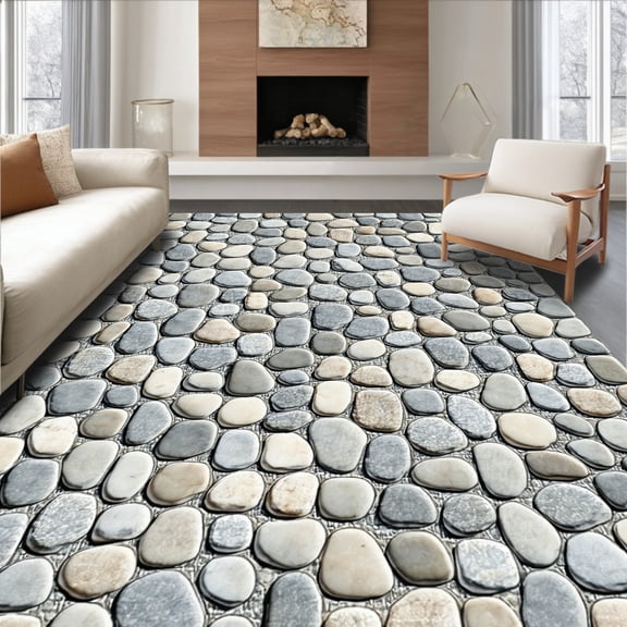 ODIKA 4'x6' Machine Washable Non-Slip Area Rug, Textured Pebble Stone Grey Beige High Traffic Rug, Gray, 49666