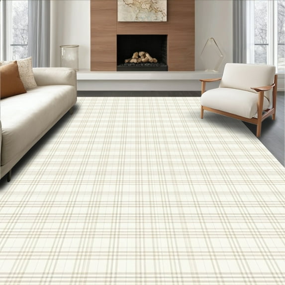 ODIKA 4' x 6' Machine Washable Non-Slip Area Rug, Contemporary Plaid High Traffic Rug, Beige, 69126
