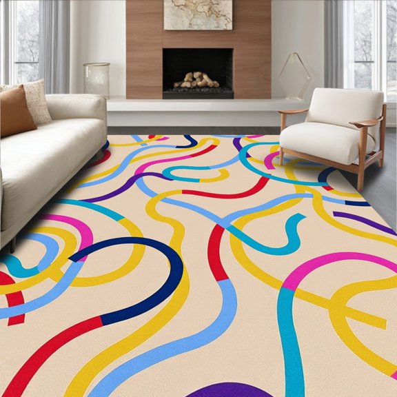 ODIKA 4' x 6' Machine Washable Non-Slip Area Rug, Contemporary Squiggle High Traffic Rug, Beige, 413826