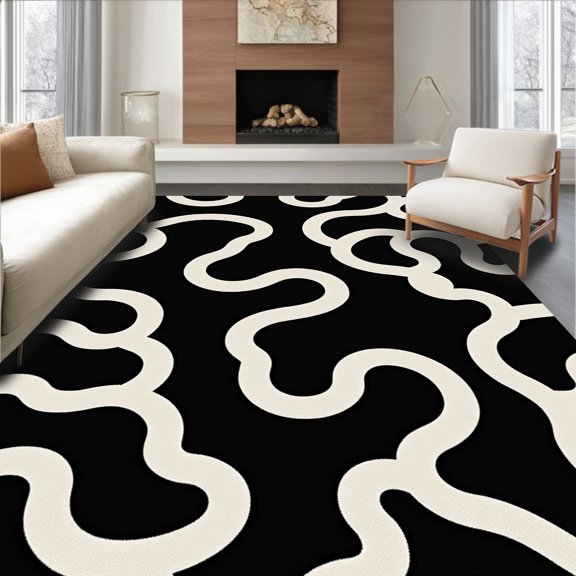 ODIKA 4' x 6' Machine Washable Non-Slip Area Rug, Contemporary Squiggle High Traffic Rug, Black, 379520