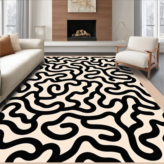 ODIKA 4' x 6' Machine Washable Non-Slip Area Rug, Contemporary Squiggle High Traffic Rug, Black, 529869