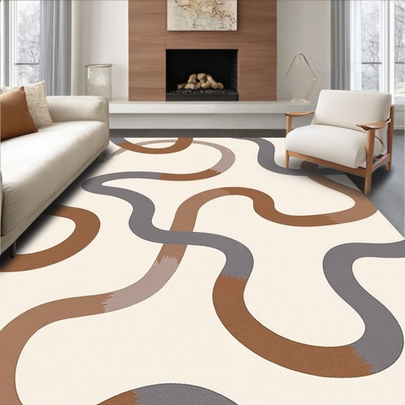 ODIKA 4' x 6' Machine Washable Non-Slip Area Rug, Contemporary Squiggle High Traffic Rug, Brown, 487130