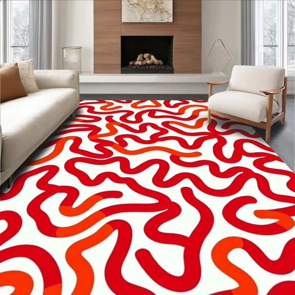 ODIKA 4' x 6' Machine Washable Non-Slip Area Rug, Contemporary Squiggle High Traffic Rug, Red, 503039