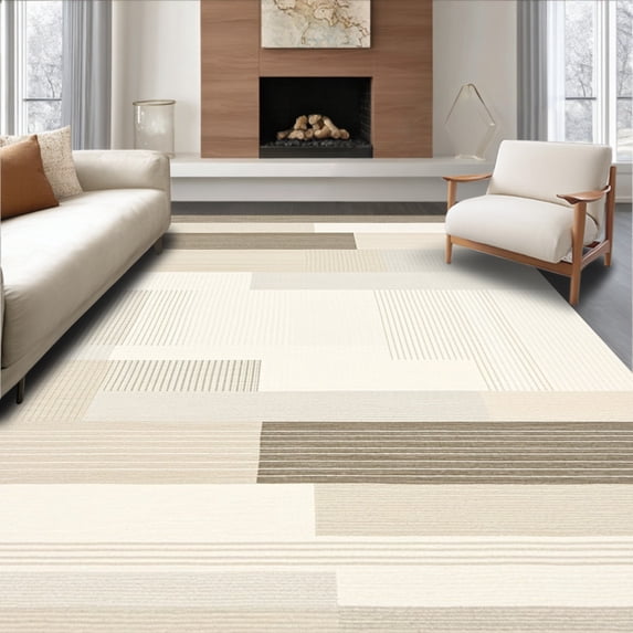 ODIKA 4'x6' Machine Washable Non-Slip Area Rug, Abstract Stripes with Varied Widths in Neutral Tones High Traffic Rug, Beige, 235265