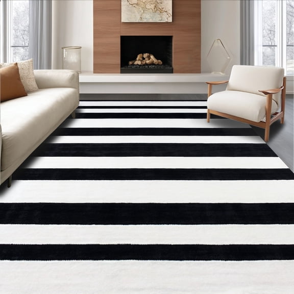 ODIKA 4'x6' Machine Washable Non-Slip Area Rug, Modern Striped Round Chic Circular Accent High Traffic Rug, Black, 136448
