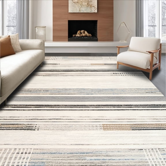 ODIKA 4'x6' Machine Washable Non-Slip Area Rug, Boho Textured Stripe Accent High Traffic Rug, Gray, 141210