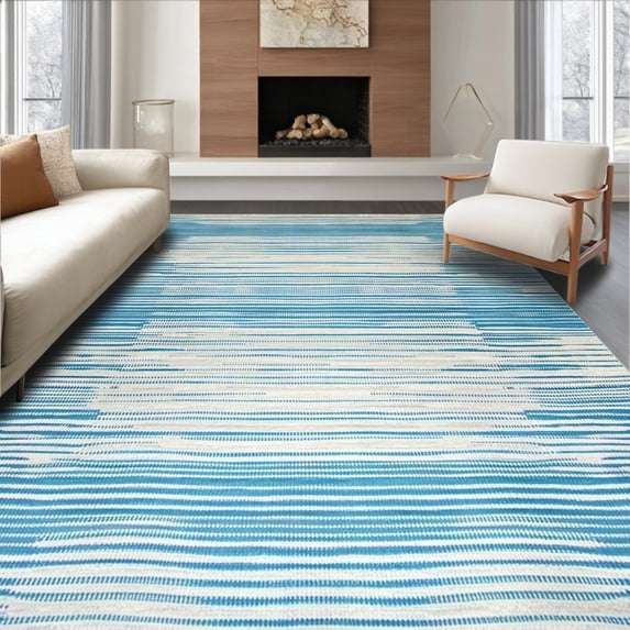 ODIKA 4' x 6' Machine Washable Non-Slip Area Rug, Contemporary Stripe High Traffic Rug, Teal, 262861