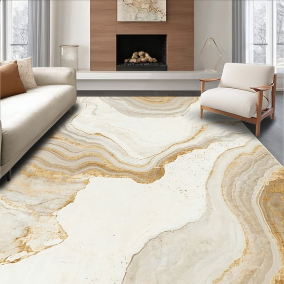 ODIKA 4'x6' Machine Washable Non-Slip Area Rug, Modern Beige Marble Swirl Irregular Edge High Traffic Rug, Beige, 49672