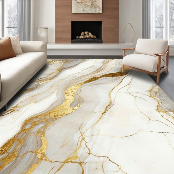 ODIKA 4'x6' Machine Washable Non-Slip Area Rug, Ethereal Beige Gold Geometric Marble Swirls Indoor High Traffic Rug, White, 49477