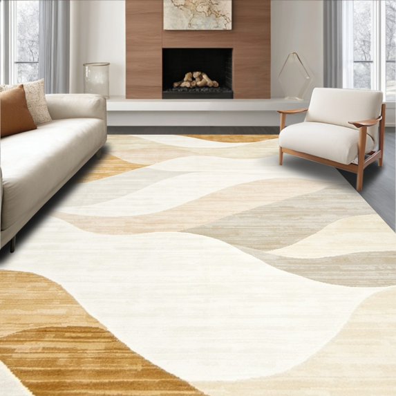 ODIKA 4'x6' Machine Washable Non-Slip Area Rug, Abstract Wave Design with Fluid Lines and Shapes High Traffic Rug, Beige, 235270