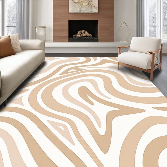 ODIKA 4'x6' Machine Washable Non-Slip Area Rug, Abstract Wave Motif With Gradual Hue Shifts And Flowing Lines High Traffic Rug, Beige, 462143