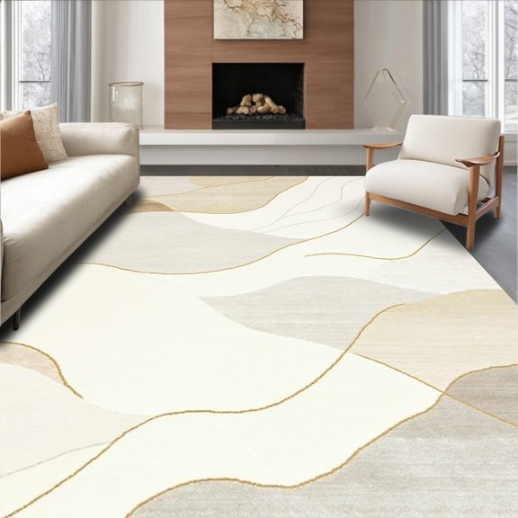ODIKA 4'x6' Machine Washable Non-Slip Area Rug, Elegant Edge Beige with Subtle Wave Design High Traffic Rug, Beige, 50371