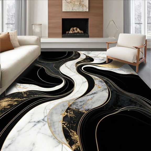 ODIKA 4'x6' Machine Washable Non-Slip Area Rug, Luxurious Liquid Marble Aesthetic High Traffic Rug, Black, 20292
