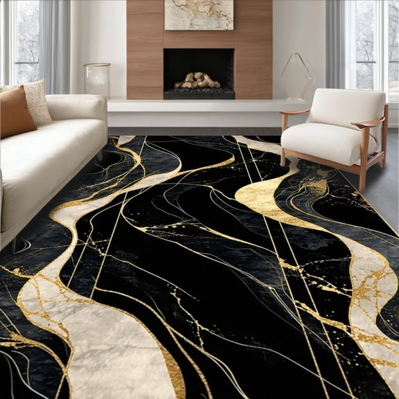 ODIKA 4'x6' Machine Washable Non-Slip Area Rug, Sleek Abstract Minimalist Appeal High Traffic Rug, Black, 20300