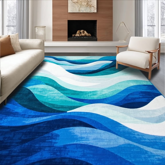 ODIKA 4' x 6' Machine Washable Non-Slip Area Rug, Contemporary Wave High Traffic Rug, Blue, 141455
