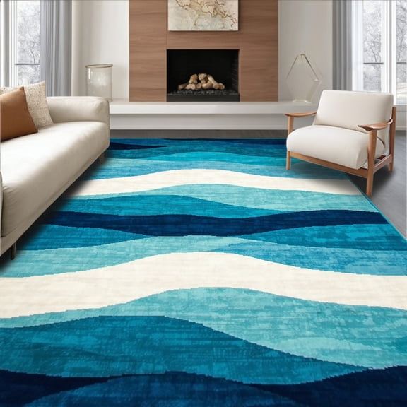 ODIKA 4' x 6' Machine Washable Non-Slip Area Rug, Contemporary Wave High Traffic Rug, Blue, 18233