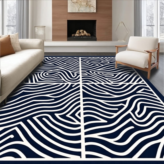 ODIKA 4'x6' Machine Washable Non-Slip Area Rug, Elegant Interlocking Wave Design with Navy and Contrast High Traffic Rug, Blue, 339727