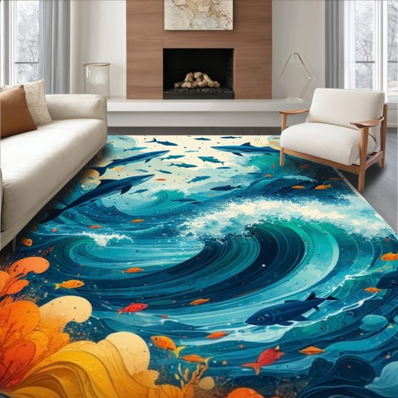 ODIKA 4'x6' Machine Washable Non-Slip Area Rug, Deep Sea Hooked Big Game Fish & Ocean Adventure Floor High Traffic Rug, Blue, 70942