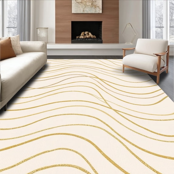 ODIKA 4' x 6' Machine Washable Non-Slip Area Rug, Contemporary Wave High Traffic Rug, Gold, 401207
