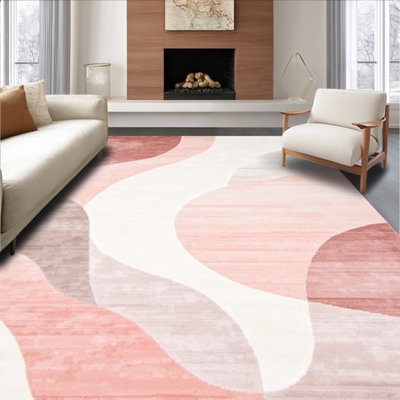 ODIKA 4'x6' Machine Washable Non-Slip Area Rug, Faux Rabbit Fur with Elegant Curved Wave Design High Traffic Rug, Peach, 141367
