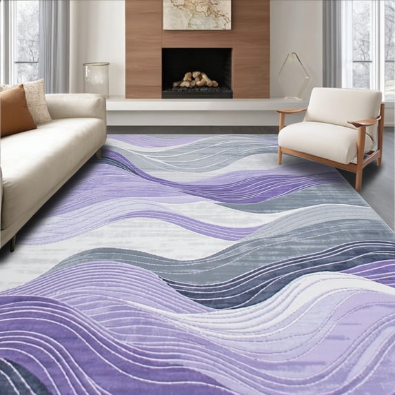 ODIKA 4'x6' Machine Washable Non-Slip Area Rug, Mystic Current Grey & Lilac Flow Artistic High Traffic Rug, Purple, 104550