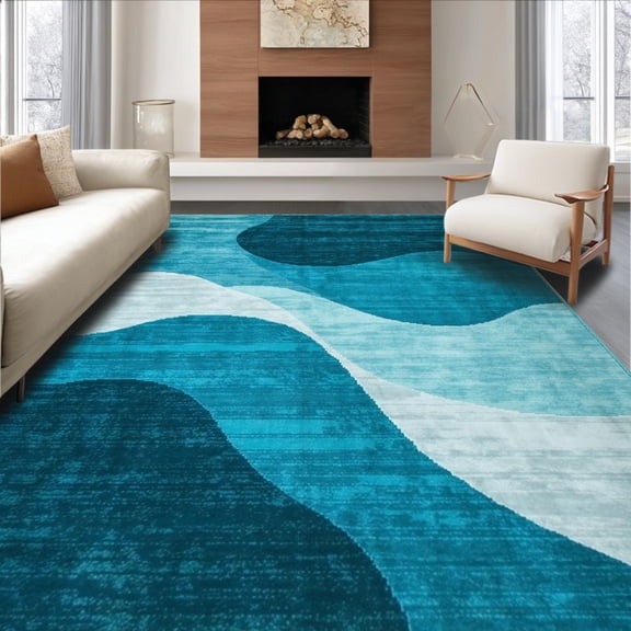 ODIKA 4' x 6' Machine Washable Non-Slip Area Rug, Contemporary Wave High Traffic Rug, Teal, 135000