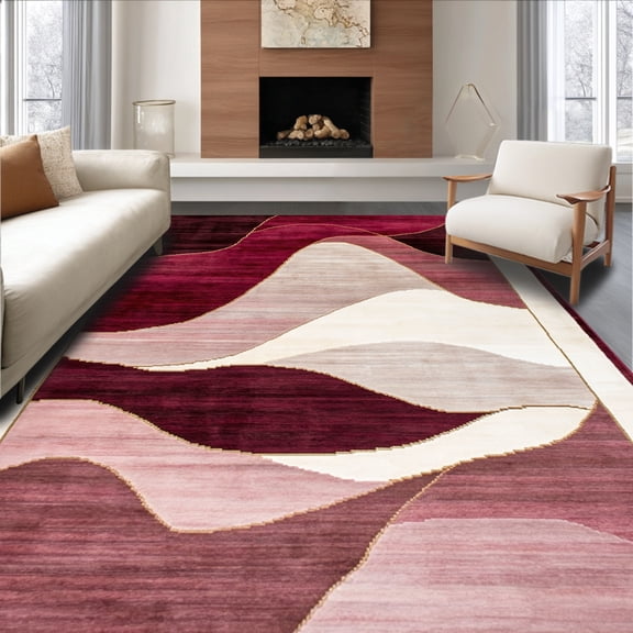 ODIKA 4' x 6' Machine Washable Non-Slip Area Rug, Contemporary Waves High Traffic Rug, Burgundy, 128318