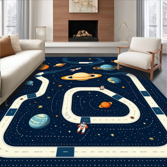 ODIKA 4' x 6' Machine Washable Non-Slip Area Rug, Cosmic Road High Traffic Rug, Blue, 131288