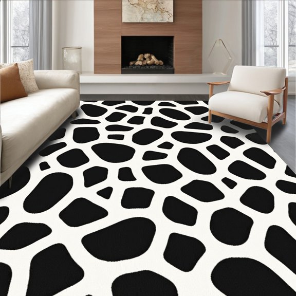 ODIKA 4'x6' Machine Washable Non-Slip Area Rug, Elegant Spotted Design With Flowing Abstract Animal Shapes High Traffic Rug, Black, 384785