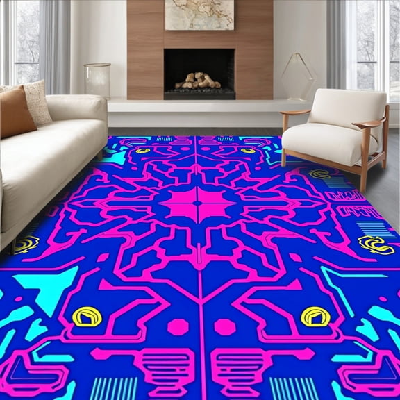 ODIKA 4'x6' Machine Washable Non-Slip Area Rug, Futuristic Mosaic with Pixel Splash and Dynamic Energy Motifs High Traffic Rug, Pink, 464527