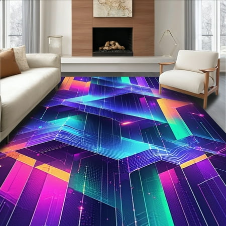 ODIKA 4' x 6' Machine Washable Non-Slip Area Rug, Cyberpunk Cube High Traffic Rug, Purple, 141603