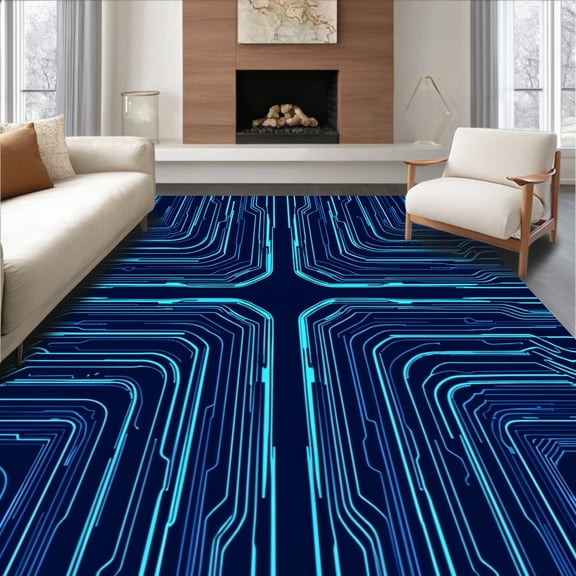 ODIKA 4'x6' Machine Washable Non-Slip Area Rug, Futuristic Circuit Control Design with Accent Lines High Traffic Rug, Black, 459284