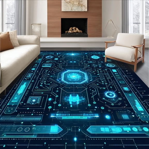 ODIKA 4'x6' Machine Washable Non-Slip Area Rug, Gen Gamer with Stylized Joystick Graphics and Circuitry Accents High Traffic Rug, Blue, 135816