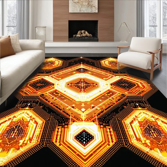 ODIKA 4'x6' Machine Washable Non-Slip Area Rug, Gothic Hexagon Design With Chrysanthemum And Orange Light Accents High Traffic Rug, Orange, 197877